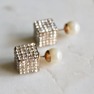 Pearl Cube Gold Ear Jackets- pearl ear jackets/ modern pearls/ edgy/ gold ear jacket earrings/ statement earrings/ gifts for her/ LONDON