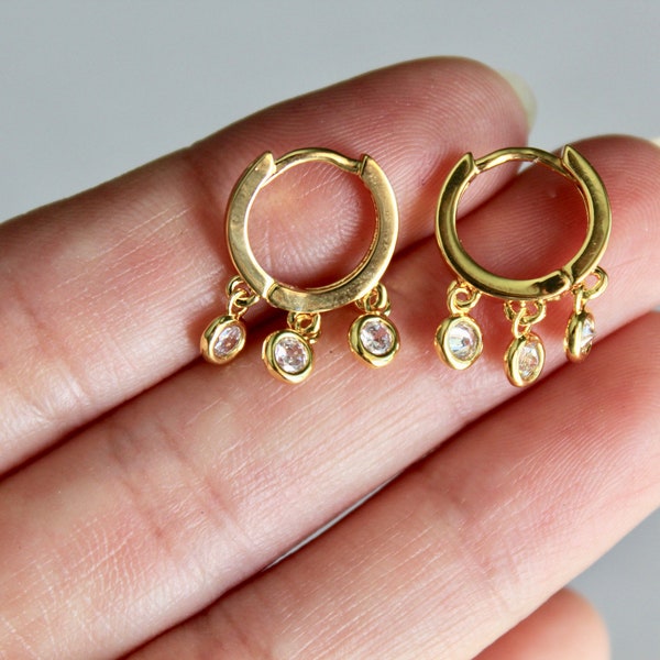 Dainty gold shaker huggie hoop earrings- round crystals dangle from small gold hoops, dainty gold hoops, huggie hoops, shaker hoops, PAISLEY