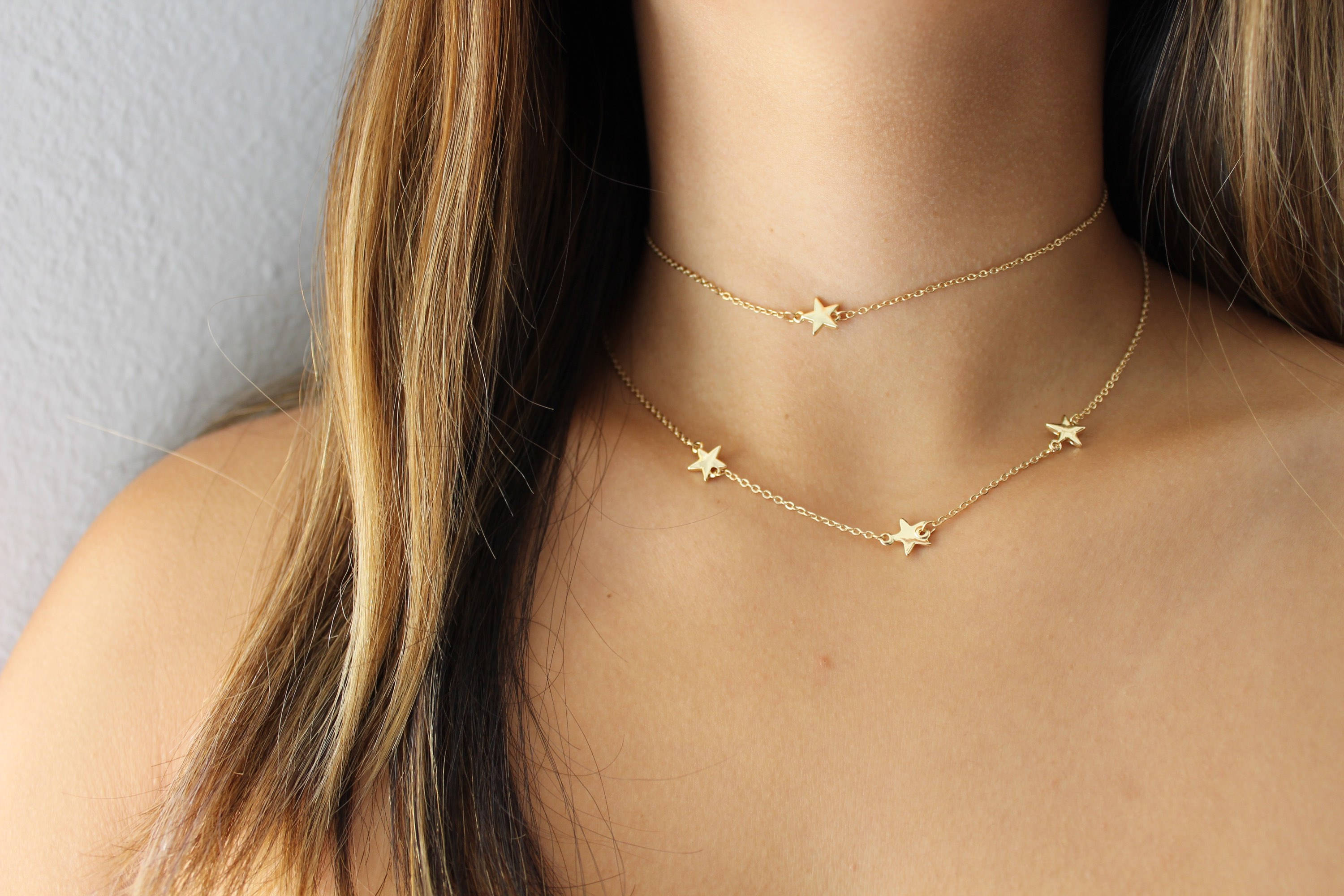 Mira Layered Star Choker Necklace with Square Bar Drop – MyBodiArt
