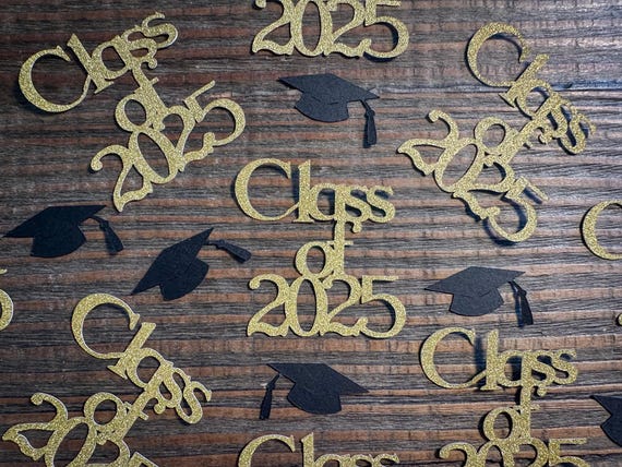 Class of 2025 gold Graduation Confetti with Black Graduation Caps