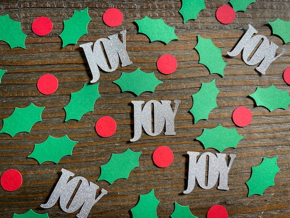 Holly Leaves Berries and Silver Joy Holiday Party Confetti