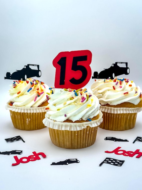F1 Race Car Cupcake Toppers with Custom Age – Set of 12 – Racing Birthday Decorations