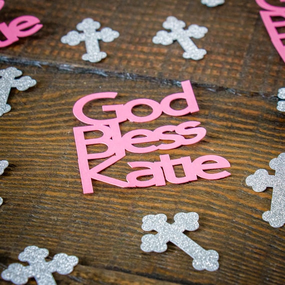 Pink and Silver Personalized God Bless Baptism First Communion Confetti