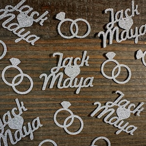 Silver Personalized Engagement Confetti with Entwined Rings Script