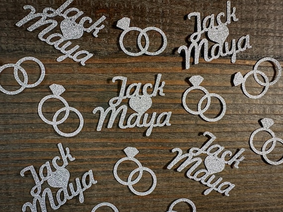 Silver Personalized Engagement Confetti with Entwined Rings Script