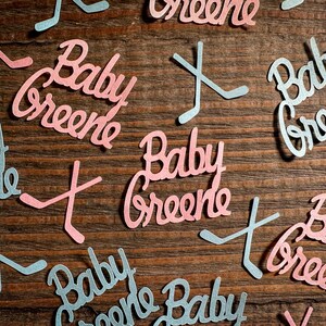 Confettis personnalisés pour baby shower révélant le sexe du hockey
