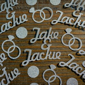 Silver Personalized Engagement Wedding Confetti with Two Names, Entwined Rings, and Circles