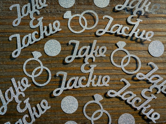 Silver Personalized Engagement Wedding Confetti with Two Names, Entwined Rings, and Circles