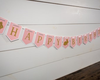 Rosa und Gold Glitter Bunny Happy Birthday Banner