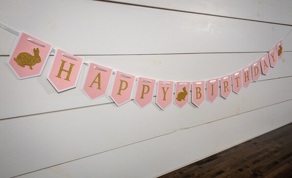 Pink and Gold Glitter Bunny Happy Birthday Banner