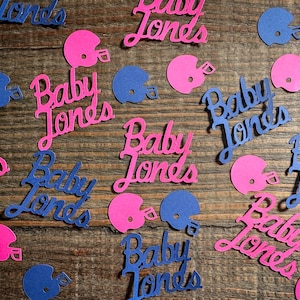 Confeti personalizado para fiesta de revelación de género con temática de fútbol en rosa brillante y azul marino