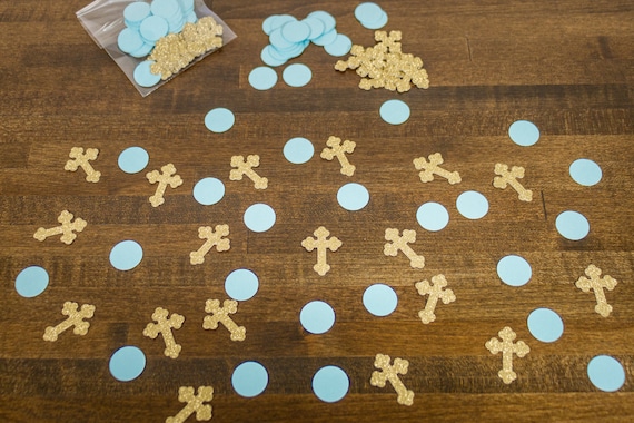 Gold Cross and Blue Circle Baptism First Communion Confetti