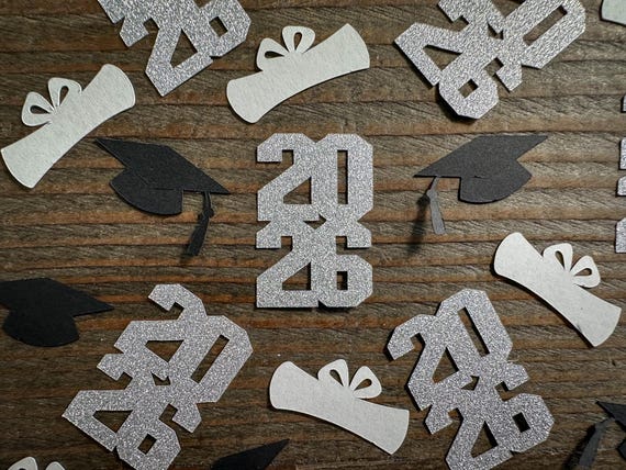 Silver Stacked 2026 Graduation Party Confetti With Black Caps and Diplomas