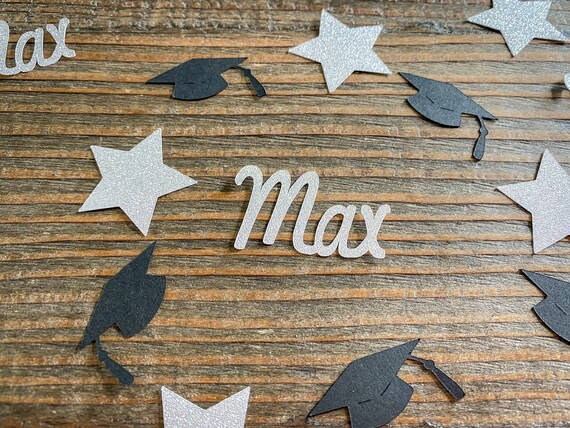 Personalized Script Silver and Black Graduation Confetti with Silver Stars