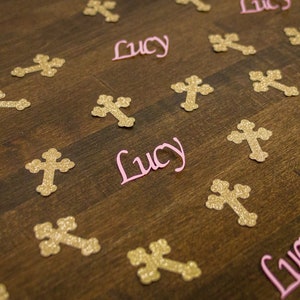 Gold Cross and Pink Name Personalized Baptism First Communion Confetti