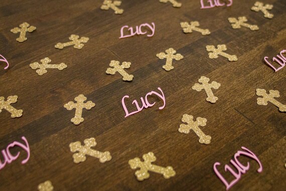 Gold Cross and Pink Name Personalized Baptism First Communion Confetti