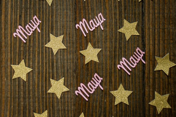 Personalized Gold Star and Pink Name Confetti