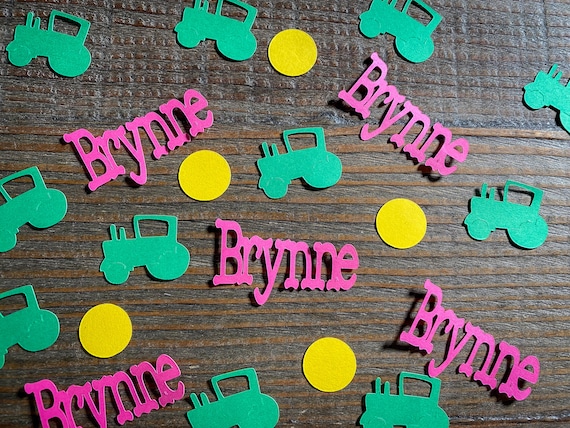 Personalized Green, Pink and Yellow Tractor Party Confetti