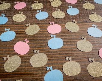 Kleiner Kürbis Gender Reveal Confetti. Blau, Pink, Gold.