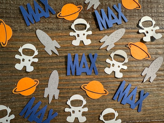 Personalized Name Orange, Gray, and Blue Astronaut Space Party Confetti