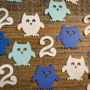 Confetes personalizados para festa de aniversário de coruja azul, branca e azul marinho