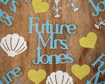 Personalized Future Mrs Confetti | Beach Bachelorette Party Decor | Bridal Shower Table Scatter | Shell, Gold Heart & Champagne Confetti