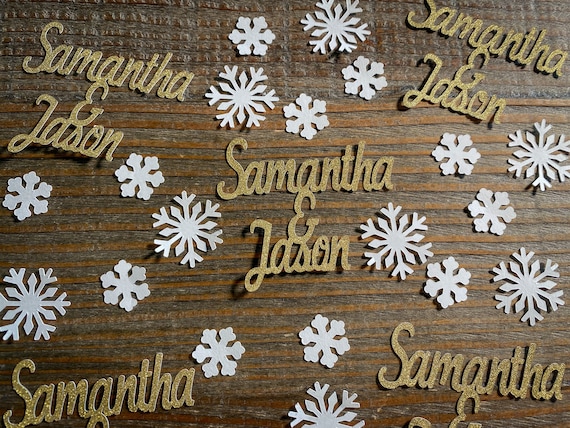 Personalized White Snow and Gold Name Wedding Confetti