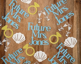 Personalized Future Mrs Confetti | Beach Bachelorette Party Decor | Bridal Shower Table Decor | Shell, Gold Ring & Champagne Confetti