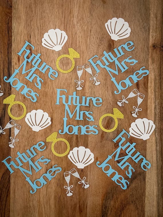 Personalized Future Mrs Confetti | Beach Bachelorette Party Decor | Bridal Shower Table Decor | Shell, Gold Ring & Champagne Confetti