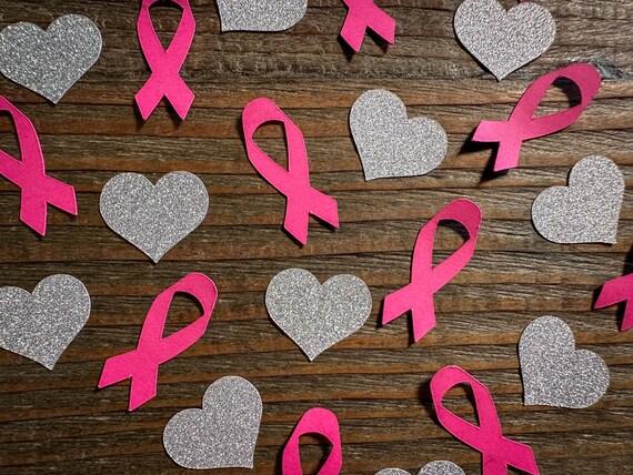 Bright Pink Ribbon with Silver Heart Breast Cancer Awareness Confetti