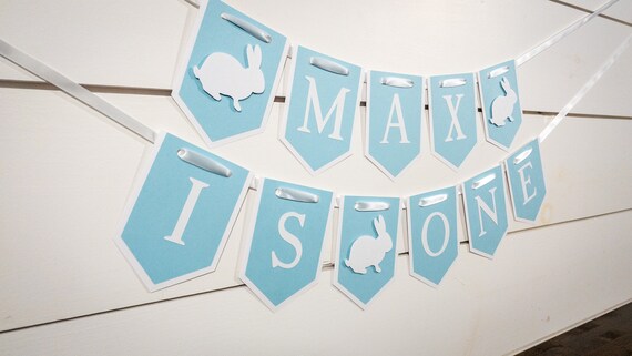 Blue and White Bunny First Birthday Age Banner