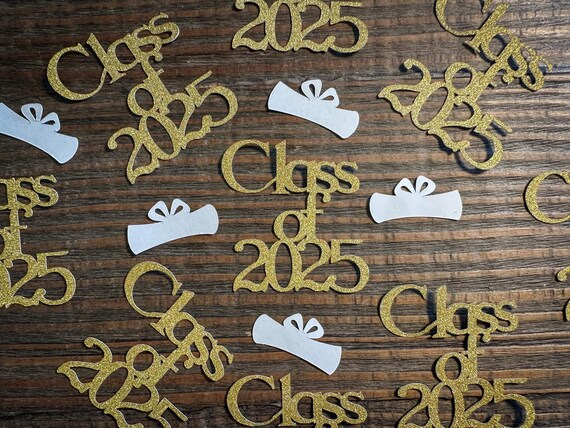 Class of 2025 Graduation Confetti Gold with Diplomas