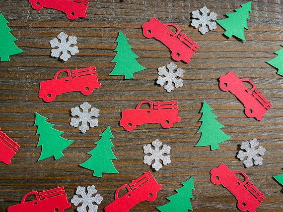 Red Truck, Christmas Tree, and Silver Snow Confetti