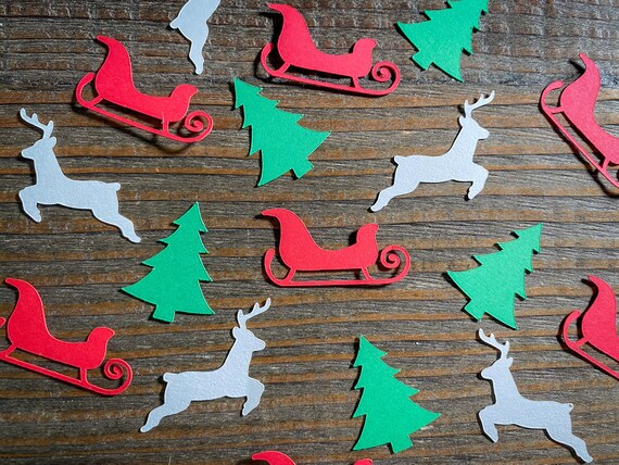 Red Sleigh, Tree, and White Deer Winter Birthday Christmas Party Confetti
