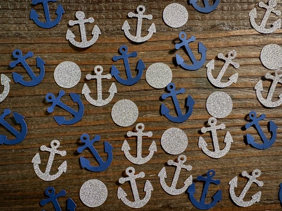 Navy and Silver Anchor Nautical Confetti with Silver Circles