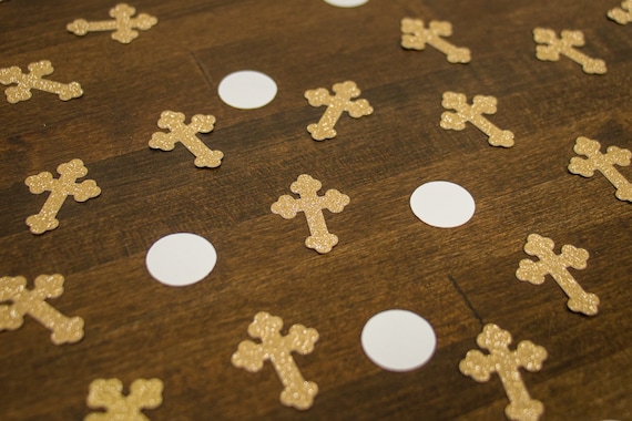 Gold Cross and White Circle Baptism First Communion Confetti
