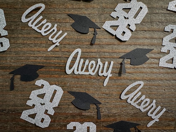 Personalized Silver 2026 Graduation Party Confetti with Grad Caps Stacked Year