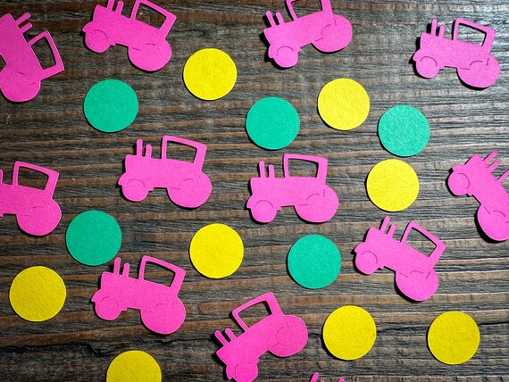 Pink Tractor Farm Party Confetti with Green and Yellow Circles