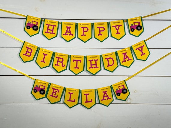 Personalized Tractor Happy Birthday Banner Green, Yellow & Pink