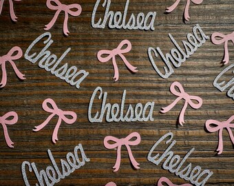 Personalized Bow Confetti: Silver Glitter Names, Bridal Shower Decor