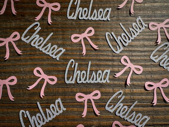 Personalized Bow Confetti: Silver Glitter Names, Bridal Shower Decor