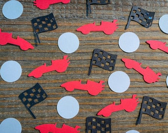 Race Car Party Confetti, Red Race Car, Black Checkered Flag and White Circle