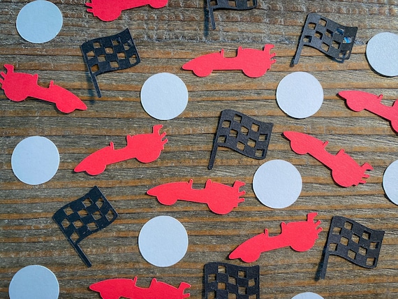 Race Car Party Confetti: Red Cars, Checkered Flags, White Circles