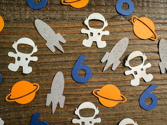 Personalized Age Orange, Gray, and Blue Astronaut Space Party Confetti