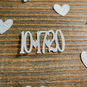 Silver Personalized Wedding Date Confetti with Hearts