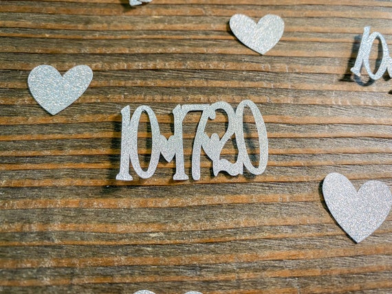 Silver Personalized Wedding Date Confetti with Hearts