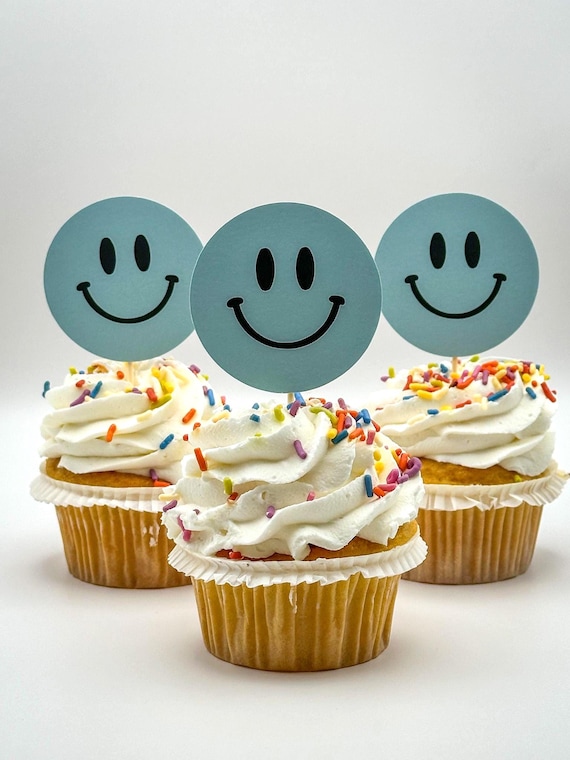 Light Blue Smiley Face Cupcake Toppers – Set of 12