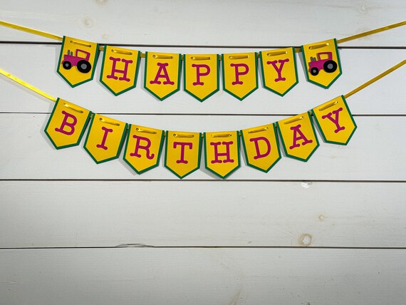 Tractor Happy Birthday Banner Green, Yellow & Pink