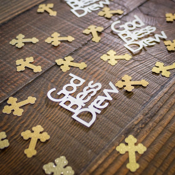 Personalized White God Bless and Gold Cross Baptism First Communion Confetti