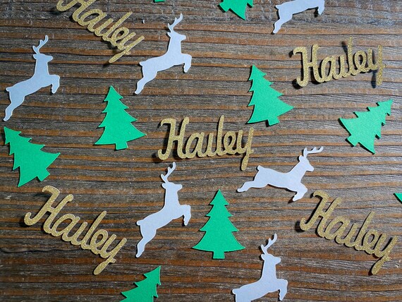 Personalized Reindeer, Tree, and Gold Name Winter Party Confetti